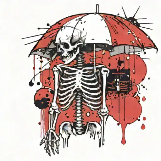 A Skeleton Holding An Umbrella With Rain Drops Underneath The Umbrella