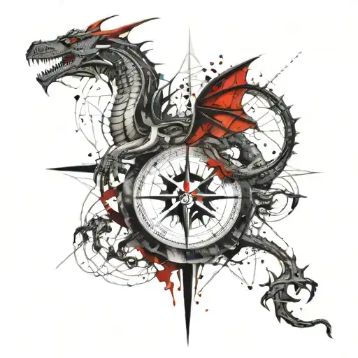 Slender European Dragon Wrapped Around A Long Geometric Compass Rose