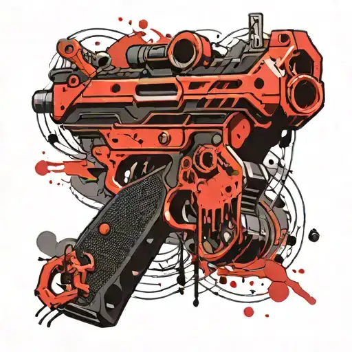 A Blackwork Tattoo Of A Futuristic Gun With A Gaming Console Motif