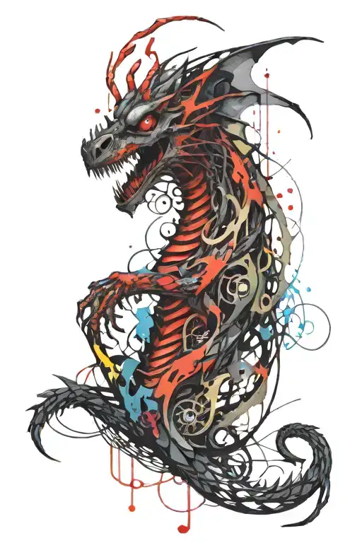 Dragon Skeleton Interrwined With Colorful Snake Intertwined