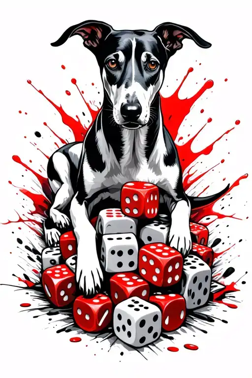 Black Greyhound Lying On A Pile Of Dice
