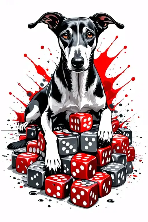 Black Greyhound Lying On A Lots Of Small Dice