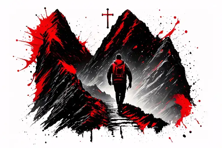 Guy Walking Up Mountain On A Path With Cross At Top