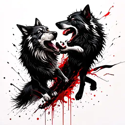 White And Black Wolves Fighting With Each Other