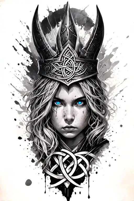 Valkyrie With Blue Eyes On Armor Tattoo Design Featuring Celtic Trinity Knot