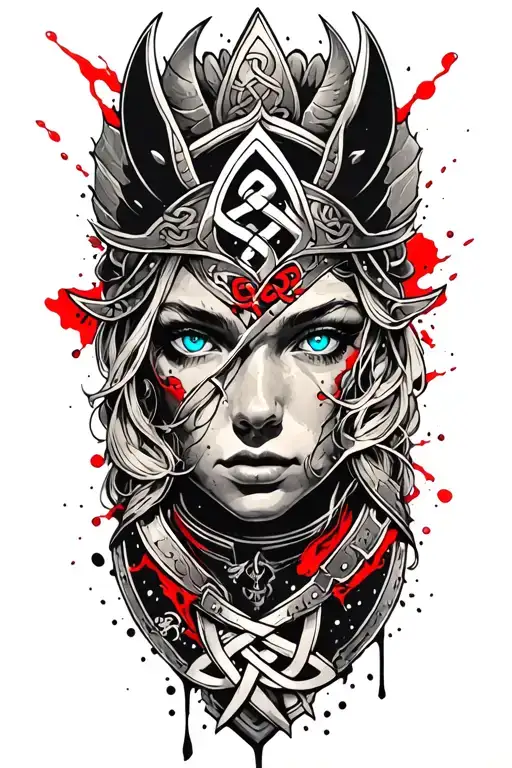 Valkyrie With Blue Eyes On Armor Tattoo Design Featuring Celtic Trinity Knot