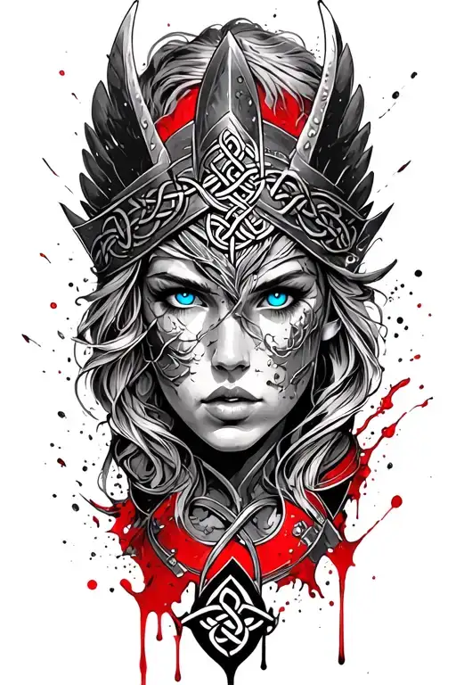 Valkyrie With Blue Eyes On Armor Tattoo Design Featuring Celtic Trinity Knot