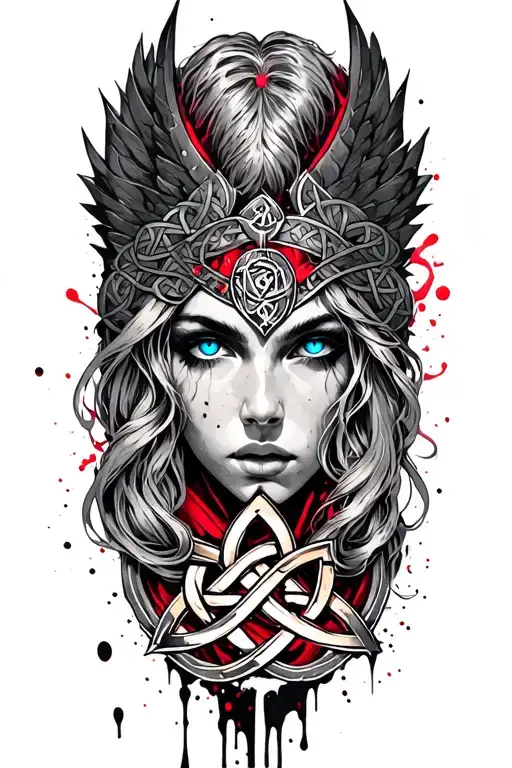 Valkyrie With Blue Eyes With Long Hair On Tattoo Design Featuring Celtic Trinity Knot