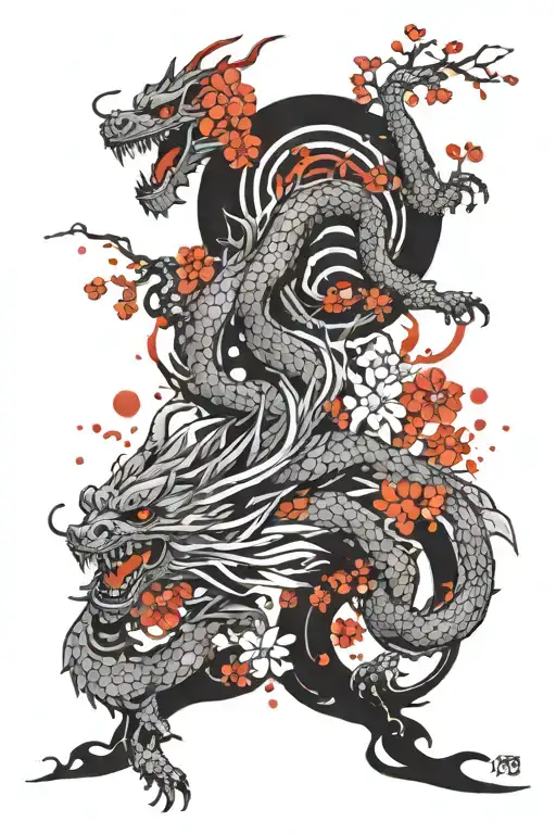 Cherry Blossoms And Japanese Dragon Flying
