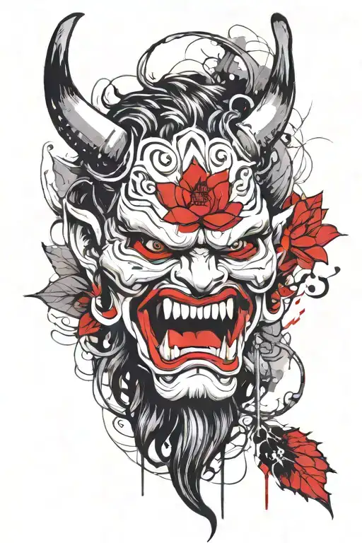 Japanese Oni Mask With Lotus Flowers