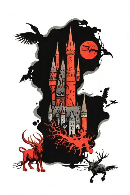 A Majestic Castle Tattoo Surrounded By Mystical Animals Inspired By Harry Potter Creatures