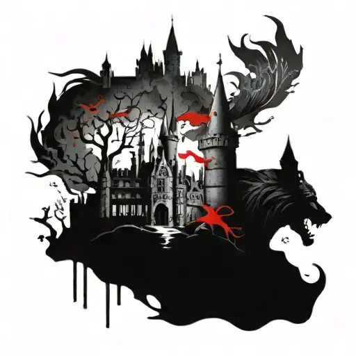 A Majestic Castle Tattoo Surrounded By Mystical Animals Inspired By Harry Potter Creatures