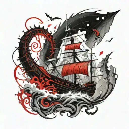 Kraken And Sailing Ship Sailing Through A Stormy