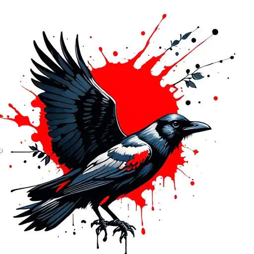 A Crow With Outstretched Wings Surrounded By Black Wkiats And Leaves