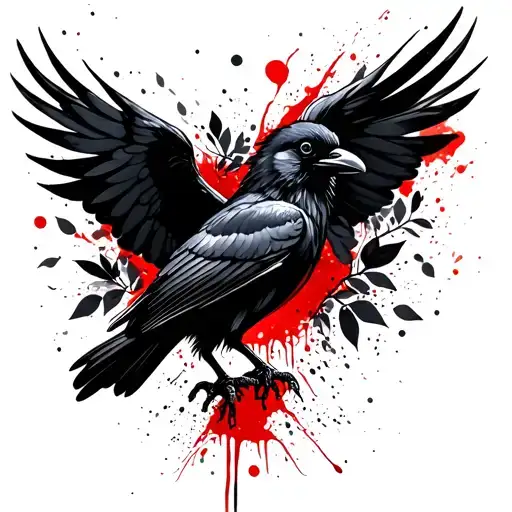 A Crow With Outstretched Wings Surrounded By Black Wkiats And Leaves