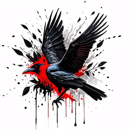 A Crow With Outstretched Wings Surrounded By Black Wkiats And Leaves