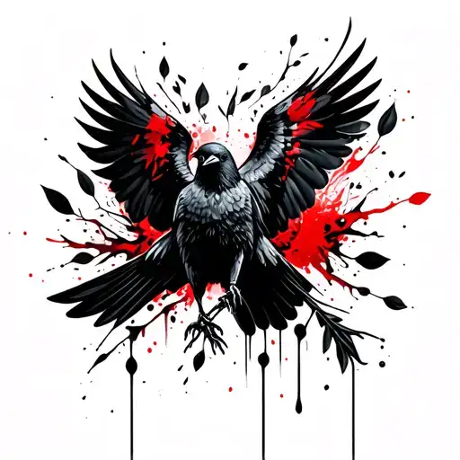 A Crow With Outstretched Wings Surrounded By Black Wkiats And Leaves