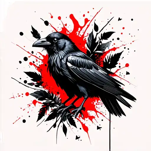 A Crow With Outstretched Wings Surrounded By Black Wkiats And Leaves