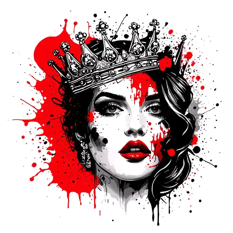 Women's Face With Crown On A Side With Red Lips