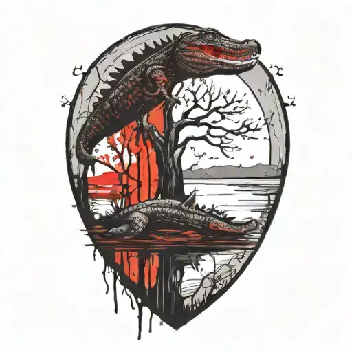 Alligator With Live Oak Tree Sunset