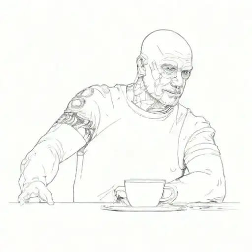 A Bald Man Sitting At A Table With A Cup Of Coffee