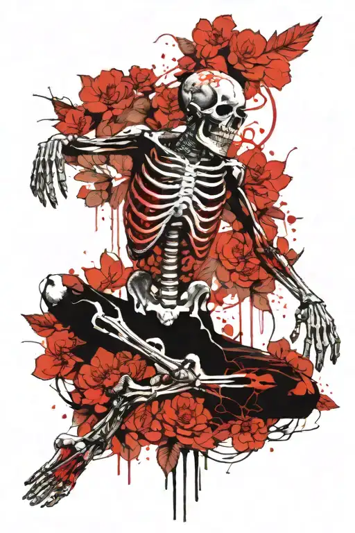 Skeleton In A Yoga Pose Surrounded By Trees Flowers Planets