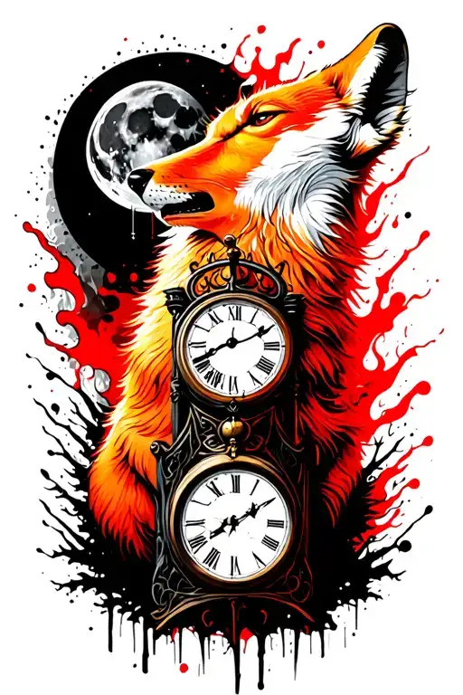 A Ginger Fox Howling At The Moon With The Hands Of A Clock In Burning Forest