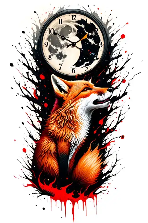 A Ginger Fox Howling At The Moon With The Hands Of A Clock On It In Burning Forest