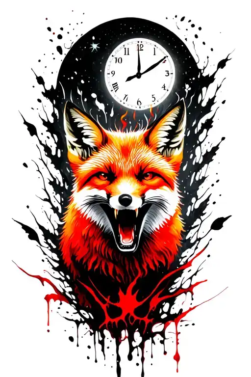 Angry Ginger Fox Howling At The Moon With The Hands Of A Clock On It In Burning Forest