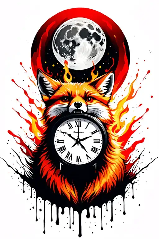 Angry Ginger Fox Howling At The Moon With The Hands Of A Clock On It In Burning Forest