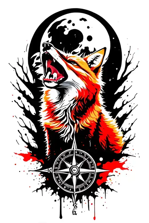 Angry Ginger Fox Howling At The Moon With The Compass On It In Burning Forest