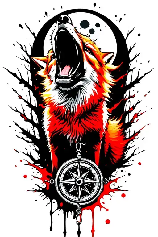 Angry Ginger Fox Howling At The Moon With The Compass On It In Burning Forest