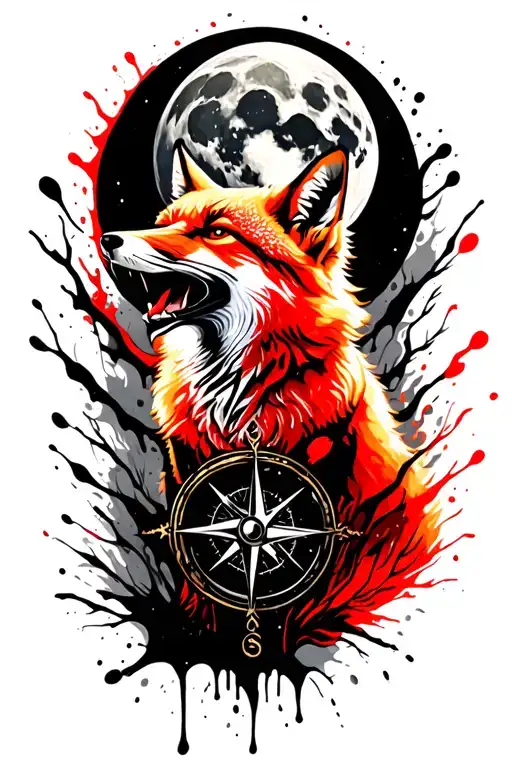 Angry Ginger Fox Howling At The Moon With The Compass On It In Burning Forest