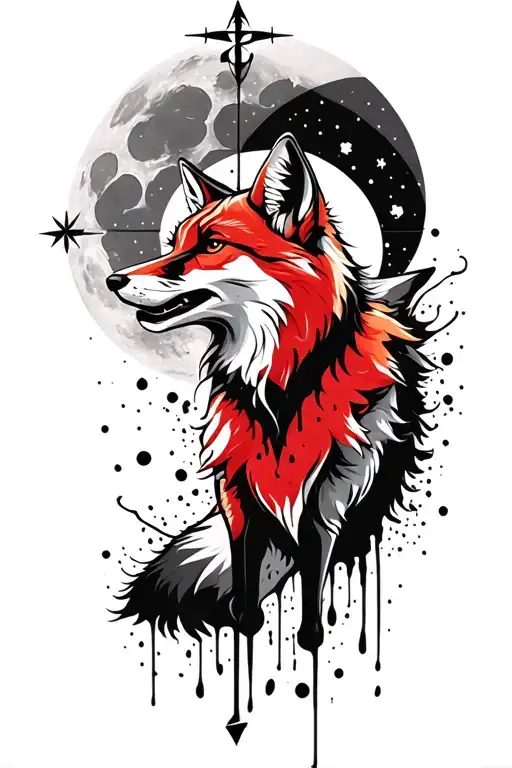 Howling Fox With Belarus Theme With Moon And Compass In Back