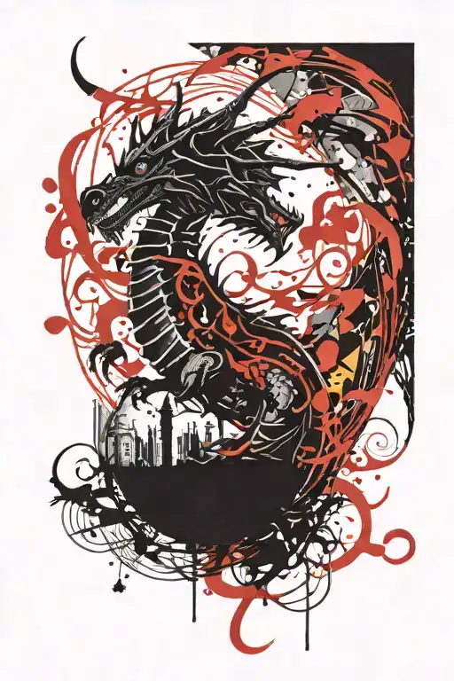 Black And Red Dragon Looking Up