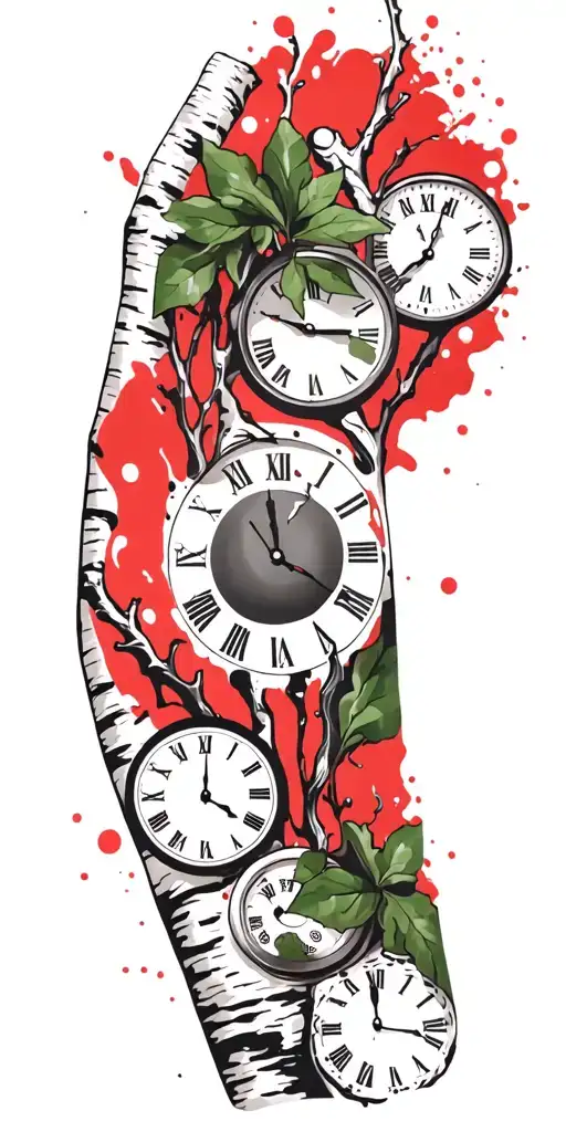 Birch Branches With Green Leaves With Only Three Clocks Integrated Into It For An Arm Sleeve