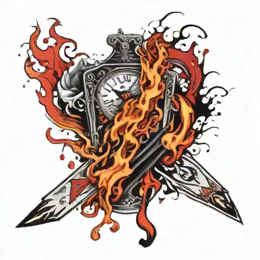 Tattoo Sleeve Burning Ace Of Spades Card Flames And Smoke & With Clock Melting