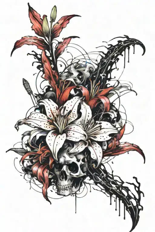 Mosasaure Squeleton And Red Lily Flower