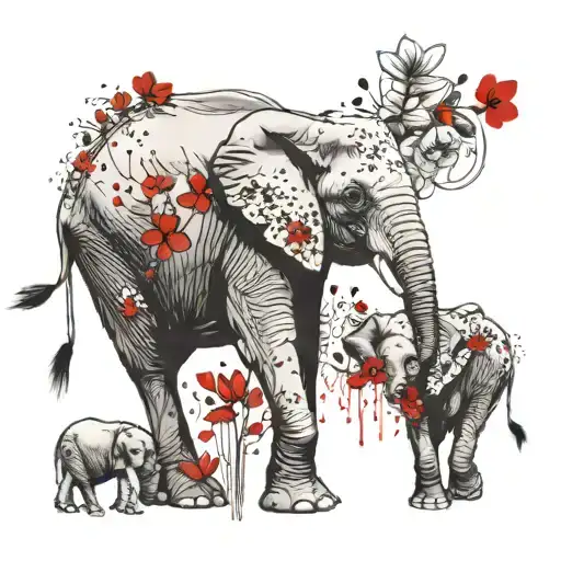 Momma And Baby Elephant With Flowers