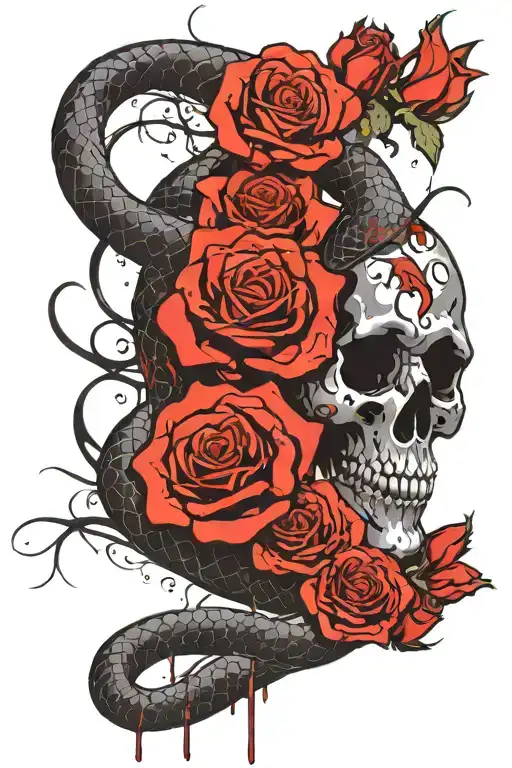 Black Mamba Snake With Skull And Roses