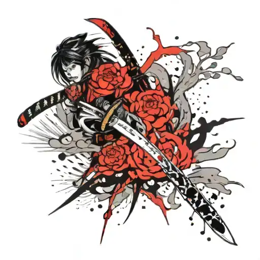 Katana On Fire With Sakura In The Background