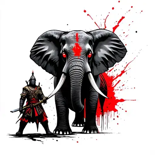 An Elephant With Shiny Eyes And A Warrior Standing In Front Of It With A Sword