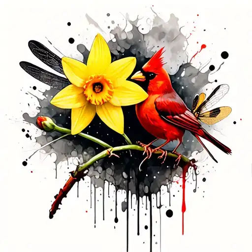 Yellow Daffodil With A Dragonfly And Red Cardinal