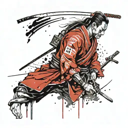A Samurai With A Sword On His Back Along With His Two Heads Holding Hands