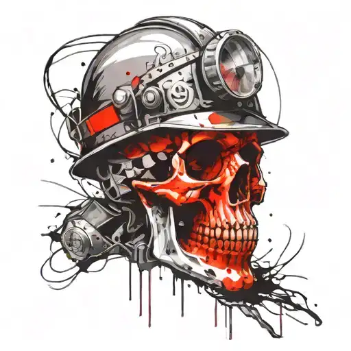 Skull Wearing Underground Hard Hat With Head Lamp Shining