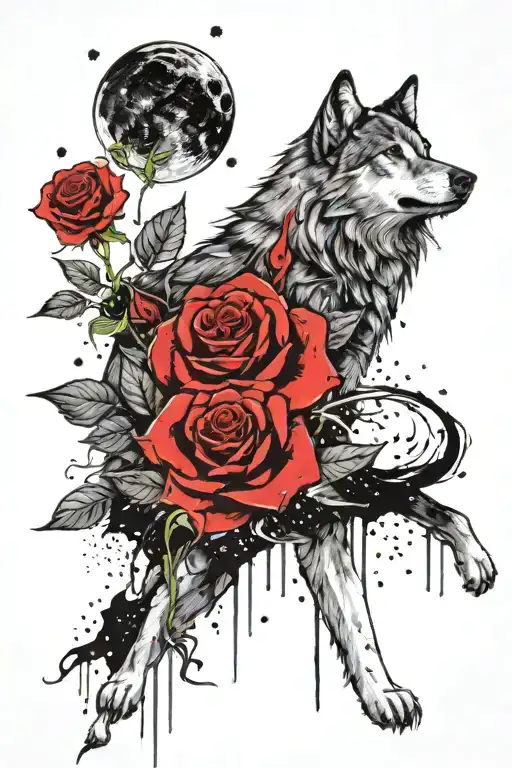 Roses And Wolf Howling At The Moon Surrounded By Stars