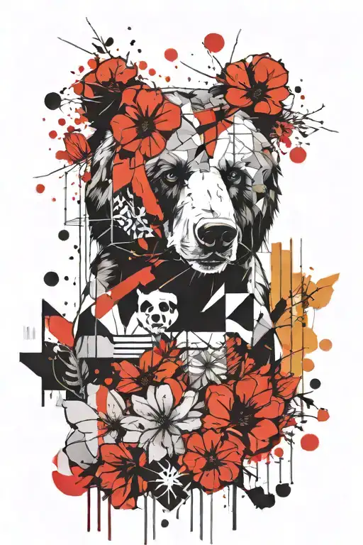 Wild Flowers And Geometric Design Incorporating With Bear And Paint Smears