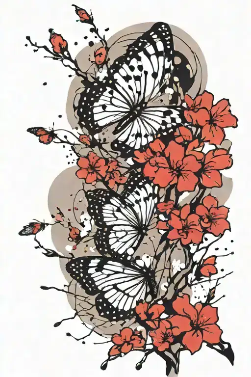 Butterflys Flying Around A Cherry Blossom Tree Branch