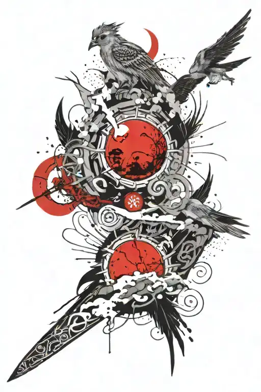 Sun And Moon Combined Together And Birds With A Samurai Underneath Forearm