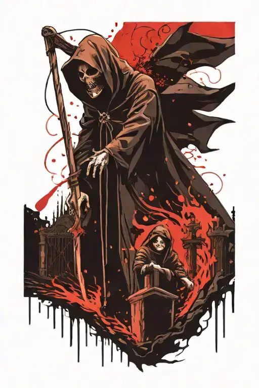 Grim Reaper At Cemetery Touching Cyring Boy Looking